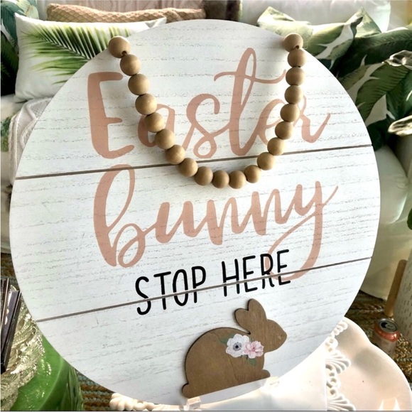 🐰New! Large Wood Easter Sign “Easter Bunny Stop Here” - Picture 1 of 6